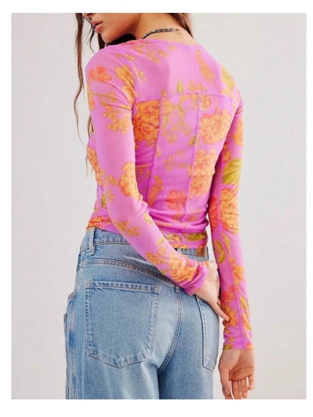 Pink Floral Sheer Mesh Fitted Long Sleeve Shirt - Picture 2 of 5